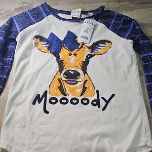 Cruel Girl Kids Moody Cow Long Sleeve Tee - Blue and Cream